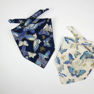 Blue White Gold Butterflies Japanese Crane Hair Wraps 100% Cotton Asian Printed Bandana Dog Cat Bandanas