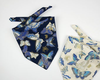 Blue White Gold Butterflies Japanese Crane Hair Wraps 100% Cotton Asian Printed Bandana Dog Cat Bandanas