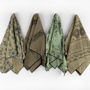 Earthy Green Brown Cotton Printed Bandana Elegant Floral Head Wrap Cat Print Headband Natural Boho Gift for Her Boho Ferns Summer Scarf
