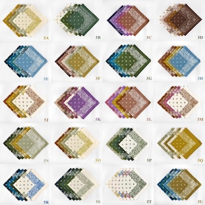 May include: A collection of square bandanas in various colors, including blue, green, brown, and purple. Each bandana features a paisley design and is arranged in a grid pattern. The bandanas are made of fabric.