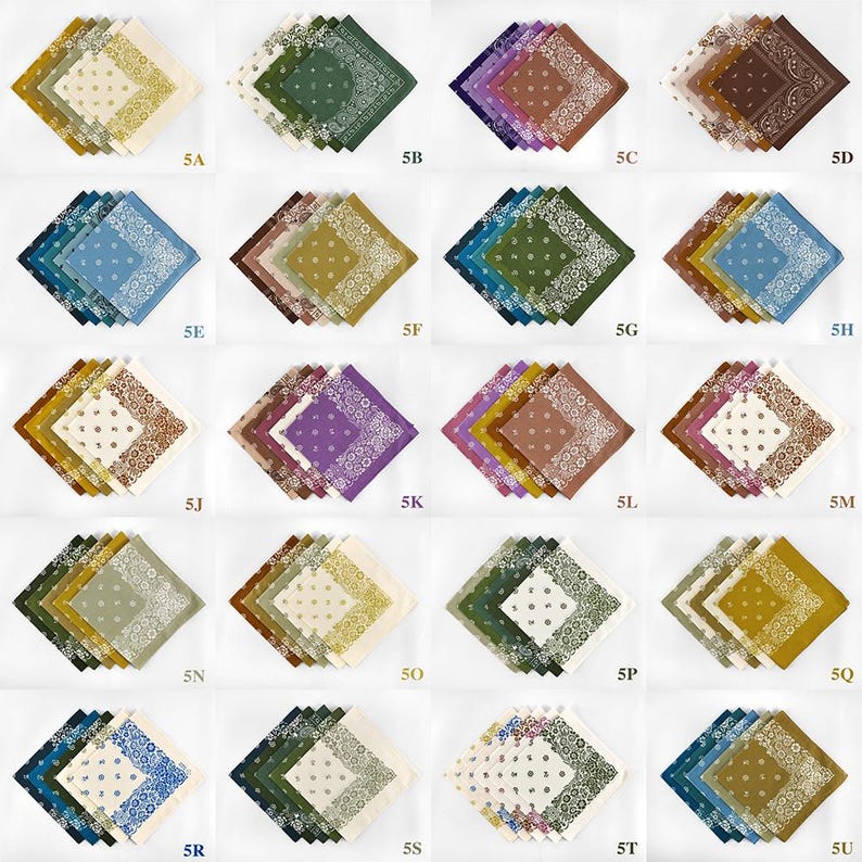 May include: A collection of square bandanas in various colors, including blue, green, brown, and purple. Each bandana features a paisley design and is arranged in a grid pattern. The bandanas are made of fabric.