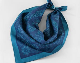 Icy Blue Paisley Floral Bandana Originally Designed Unique Head Wrap 100% Cotton Flower Neckerchief Elegant Square Scarf Gift