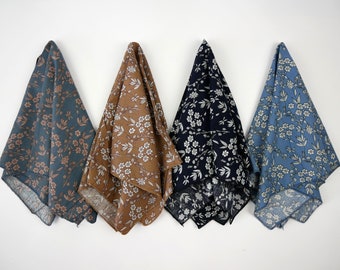 Elegant Floral Navy Blue Coffee Black 100% Cotton Bandana Flower Hair Wrap Botanical Dog Cat Bandana Gifts