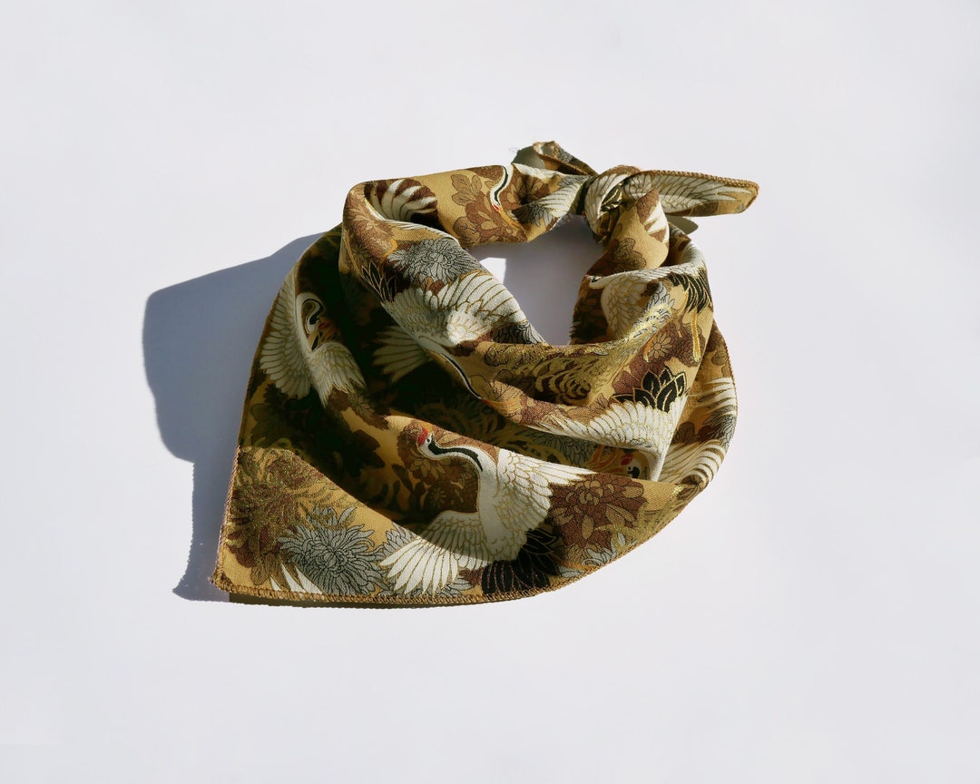 Brown and Gold Crane Bandana Blue White Gold Butterflies Japanese Crane
