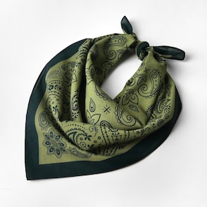 Earthy Green Paisley Floral Bandana Originally Designed Unique Head Wrap 100% Cotton Flower Neckerchief Elegant Square Scarf Gift