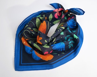 Unique Blue Butterfly Floral Bandana Colorful Semi-Transparent Artesanía Style Mandala Handkerchief 100% Cotton Voile Botanical Hair Scarf