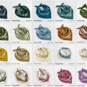 May include: A collection of bandanas in various colors, each with a floral design and a screenprint label. Colors include teal, green, blue, yellow, brown, pink, and purple. Each bandana is folded and tied, showcasing the floral pattern.