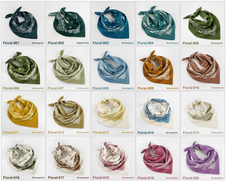 May include: A collection of bandanas in various colors, each with a floral design and a screenprint label. Colors include teal, green, blue, yellow, brown, pink, and purple. Each bandana is folded and tied, showcasing the floral pattern.