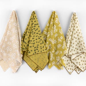Summer Yellow Cotton Printed Bandana Elegant Floral Head Wrap Cat Print Headband Natural Boho Gift for Her Versatile Earthy Tone Fish Scarf