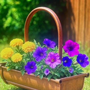 May include: A rectangular brown planter filled with vibrant flowers. The arrangement includes yellow marigolds, purple and magenta petunias, and green foliage. A brown handle arches over the planter, set against a blurred green and brown background.