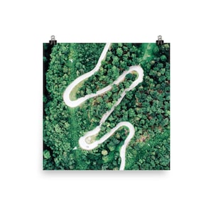 May include: An aerial view of a winding white road through a dense green forest. The road curves and twists through the trees, creating a unique and interesting pattern.