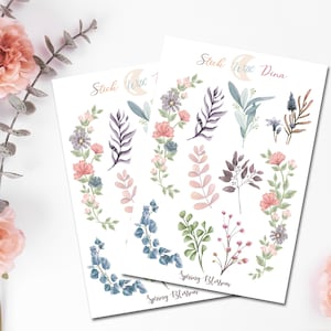 May include: Two sheets of stickers with a floral theme. The stickers feature various floral designs, including leaves, flowers, and branches. The text "Stick With Dina" and "Spring Blossom" is printed on the sheets.