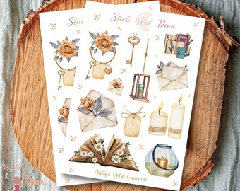 Stickers Bujo | Feuille d'autocollants rétro | Stickers agenda, Stickers Bullet Journaling, Stickers carnet vintage, Stickers déco, Or vieilli