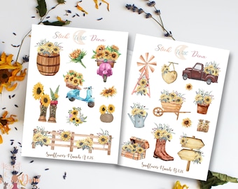 Sunflower Stickers Sheet |  Bujo Stickers, Planner Stickers, Bullet Journaling Stickers, Watercolor Ranch Sunflower Stickers, Scrapbooking