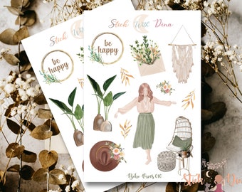 Pode incluir: Um conjunto de 10 adesivos temáticos boho com uma mulher com uma saia verde, uma planta em vaso, uma tapeçaria de parede tecida, um chapéu, uma cadeira e o texto "Stick with Dina" e "Be happy".