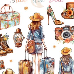 May include: A watercolor illustration of a woman with a suitcase, a hat, and a watch. The woman is wearing a blue denim shirt and jeans. The suitcase is brown with a floral design. The hat is brown with a wide brim. The watch is round with a floral design. The illustration is set against a white background.
