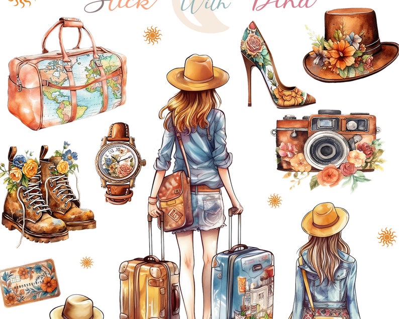 May include: A watercolor illustration of a woman with a suitcase, a hat, and a watch. The woman is wearing a blue denim shirt and jeans. The suitcase is brown with a floral design. The hat is brown with a wide brim. The watch is round with a floral design. The illustration is set against a white background.