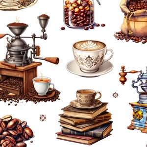 Peut inclure: Un moulin &agrave; caf&eacute; vintage avec une base en bois et un moulin en m&eacute;tal, une tasse de caf&eacute;, un sac de grains de caf&eacute;, un pot de grains de caf&eacute; et une pile de livres.