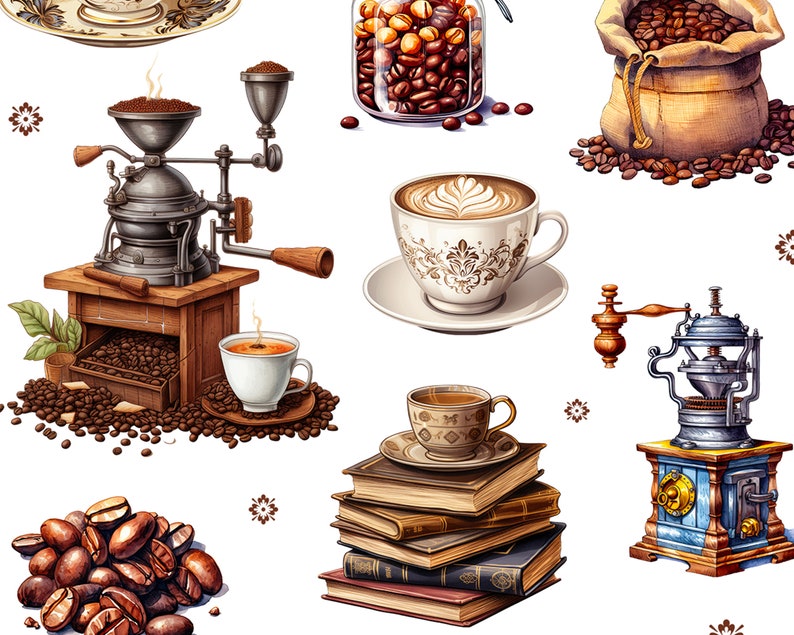 Peut inclure: Un moulin &agrave; caf&eacute; vintage avec une base en bois et un moulin en m&eacute;tal, une tasse de caf&eacute;, un sac de grains de caf&eacute;, un pot de grains de caf&eacute; et une pile de livres.