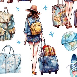 May include: A woman in a denim jacket and floral skirt is pulling a blue suitcase with a brown and green patterned suitcase on top. She is wearing a brown hat and a yellow backpack. There are two blue and white patterned duffel bags, a blue and white patterned backpack, a blue and white patterned baseball cap, and two blue and white patterned sneakers with a world map design.