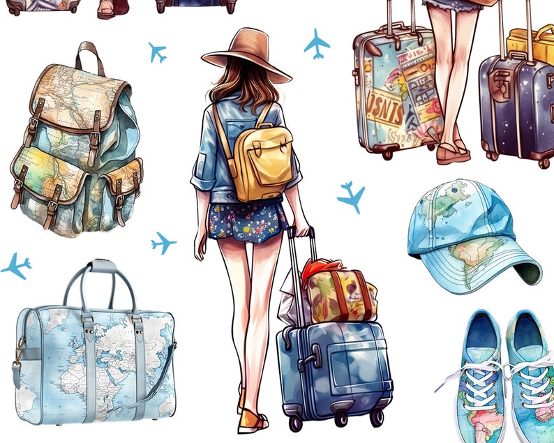 May include: A woman in a denim jacket and floral skirt is pulling a blue suitcase with a brown and green patterned suitcase on top. She is wearing a brown hat and a yellow backpack. There are two blue and white patterned duffel bags, a blue and white patterned backpack, a blue and white patterned baseball cap, and two blue and white patterned sneakers with a world map design.