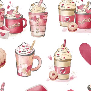 Pu&ograve; includere: Un'illustrazione ad acquerello di bevande al caff&egrave; e biscotti a tema San Valentino. L'illustrazione presenta uno schema di colori rosa e oro con cuori, glitter e le parole "XOXO".