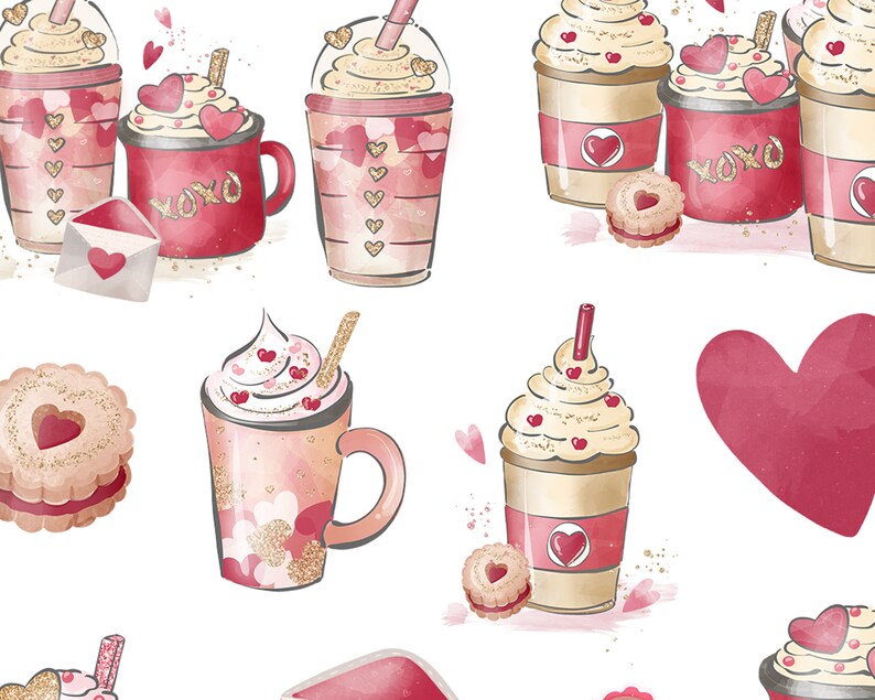 Pu&ograve; includere: Un'illustrazione ad acquerello di bevande al caff&egrave; e biscotti a tema San Valentino. L'illustrazione presenta uno schema di colori rosa e oro con cuori, glitter e le parole "XOXO".