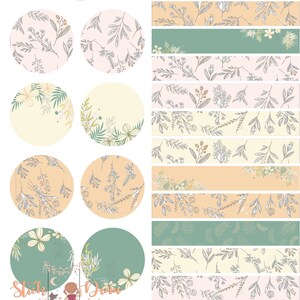 May include: A set of 10 floral patterned washi tapes and 8 round stickers with floral designs. The washi tapes and stickers are labeled "Stick With Dina" and "Washi Tapes 016" and "Labels 016".