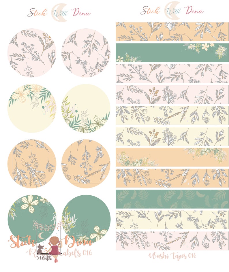 May include: A set of 10 floral patterned washi tapes and 8 round stickers with floral designs. The washi tapes and stickers are labeled "Stick With Dina" and "Washi Tapes 016" and "Labels 016".