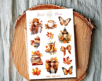 Hello Fall  Sticker Sheet | Decorative Sticker of fall, Autumn Stickers for planner, Fall Stickers, Cozy Thanksgiving Stickers, 089E