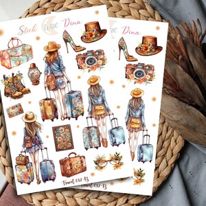 May include: A set of 12 travel themed stickers featuring illustrations of women in hats, suitcases, cameras, and other travel accessories. The stickers are printed on white paper with a glossy finish. The text "Stick With Dina" and "Travel est. 13" is printed on the stickers.