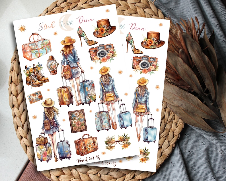 May include: A set of 12 travel themed stickers featuring illustrations of women in hats, suitcases, cameras, and other travel accessories. The stickers are printed on white paper with a glossy finish. The text "Stick With Dina" and "Travel est. 13" is printed on the stickers.