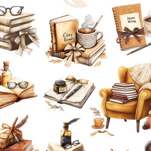 May include: A watercolor illustration of cozy autumn reading scenes.  The illustration features stacks of books, a cup of coffee, a cozy armchair, and a journal with the words "Autumn Writing".