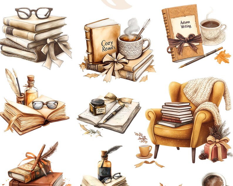May include: A watercolor illustration of cozy autumn reading scenes.  The illustration features stacks of books, a cup of coffee, a cozy armchair, and a journal with the words "Autumn Writing".
