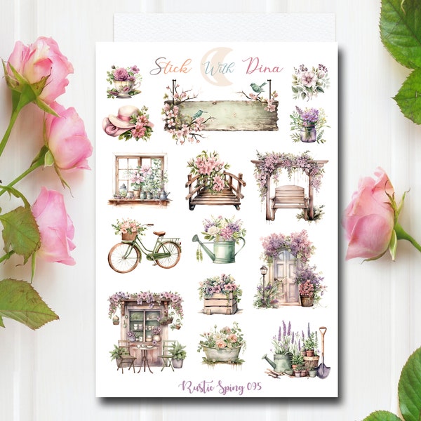 Rustic Spring Stickers Sheet | Garden Stickers, Spring Planner Stickers, Floral Bullet Journaling Stickers, Journal Deco Stickers, 095