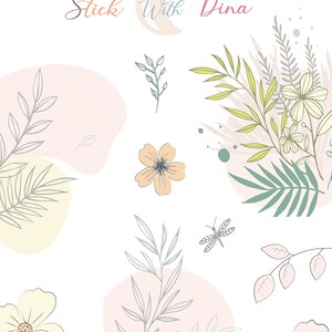 May include: A digital illustration of a floral design with white flowers, green leaves, and a dragonfly. The background is a light pink and yellow color.