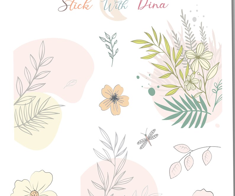 May include: A digital illustration of a floral design with white flowers, green leaves, and a dragonfly. The background is a light pink and yellow color.