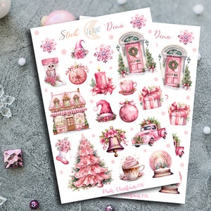 Pink Christmas Stickers Sheet | Cheer Bujo Stickers, Pink Aesthetic Winter Stickers, Holiday Sticker Sheet 093