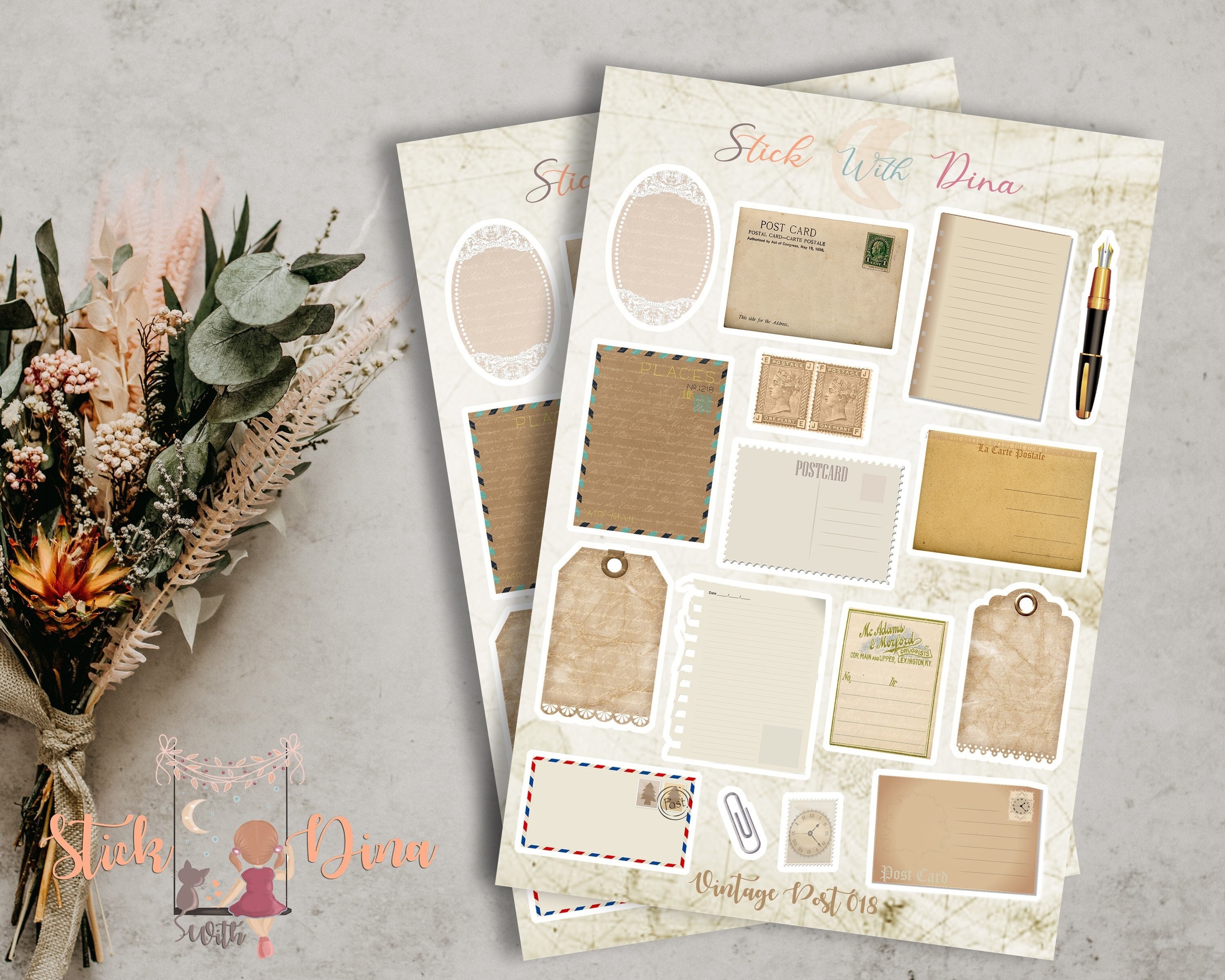 Vintage postzegels stickers, 240 stuks esthetische botanische deco papier doe-het-zelf decoratieve washi plakboek stickers voor plakboeken, kaarten