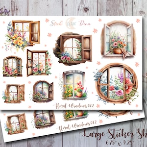 May include: A large sticker sheet with a watercolor design of floral windows. The sheet includes 10 different window designs with various flowers and greenery. The sheet is 6.75 inches by 9.25 inches.