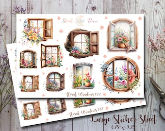 May include: A large sticker sheet with a watercolor design of floral windows. The sheet includes 10 different window designs with various flowers and greenery. The sheet is 6.75 inches by 9.25 inches.