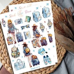May include: A sheet of colorful travel themed stickers featuring illustrations of suitcases, backpacks, a globe, a compass, a camera, sunglasses, airplanes, and two women with luggage. The text "Stick with Dina" and "Travel 057 A" are printed on the sheet.