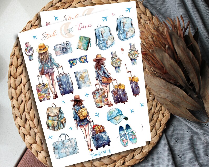 May include: A sheet of colorful travel themed stickers featuring illustrations of suitcases, backpacks, a globe, a compass, a camera, sunglasses, airplanes, and two women with luggage. The text "Stick with Dina" and "Travel 057 A" are printed on the sheet.