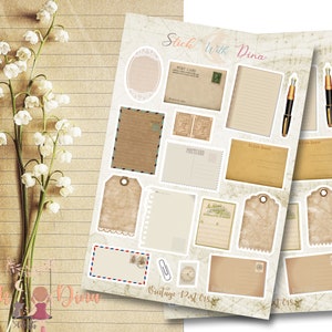 May include: Vintage style paper stickers with a brown and white color scheme. The stickers include envelopes, postcards, tags, and other paper elements. The stickers are labeled "Vintage Post 018".