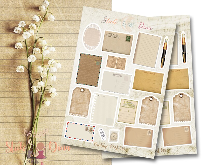 May include: Vintage style paper stickers with a brown and white color scheme. The stickers include envelopes, postcards, tags, and other paper elements. The stickers are labeled "Vintage Post 018".