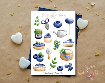 May include: A sheet of stickers featuring a blueberry theme. The stickers include blueberries, a blueberry pie, a jar of jam, a cupcake, a watering can, a heart balloon, a basket of blueberries, a gardening trowel, and a bow. The sheet is titled "Blueberry Picnic 041" and "Stick with Dina".
