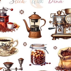 Peut inclure: Une collection d'&eacute;quipements de brassage de caf&eacute; vintage, comprenant un moulin &agrave; main, une cafeti&egrave;re &agrave; piston, une machine &agrave; espresso, un bocal de grains de caf&eacute;, un sac de grains de caf&eacute; et une tasse de caf&eacute;. L'image comprend &eacute;galement le texte "Stick with Dina".