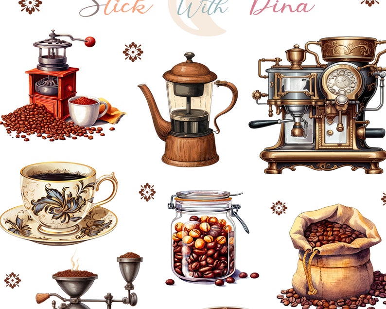 Peut inclure: Une collection d'&eacute;quipements de brassage de caf&eacute; vintage, comprenant un moulin &agrave; main, une cafeti&egrave;re &agrave; piston, une machine &agrave; espresso, un bocal de grains de caf&eacute;, un sac de grains de caf&eacute; et une tasse de caf&eacute;. L'image comprend &eacute;galement le texte "Stick with Dina".
