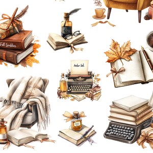 May include: A watercolor illustration of a cozy autumn scene with books, a typewriter, a chair, and a cup of coffee. The illustration features a stack of books with the text "Fall Scribbles" on the cover, a vintage typewriter with the text "Amber Ink" on a piece of paper, a cozy armchair with a blanket, and a cup of coffee with a saucer. The illustration is painted in warm, autumnal colors and evokes a sense of peace and tranquility.