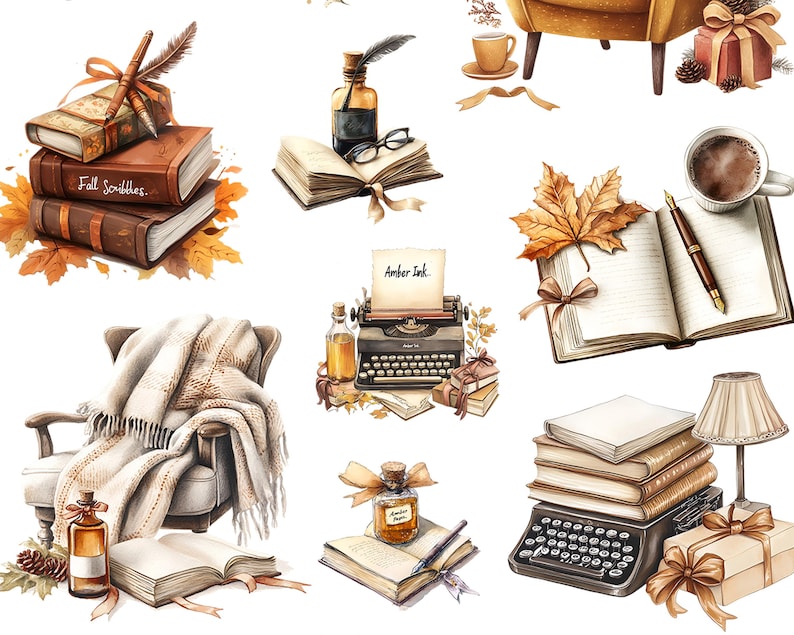 May include: A watercolor illustration of a cozy autumn scene with books, a typewriter, a chair, and a cup of coffee. The illustration features a stack of books with the text "Fall Scribbles" on the cover, a vintage typewriter with the text "Amber Ink" on a piece of paper, a cozy armchair with a blanket, and a cup of coffee with a saucer. The illustration is painted in warm, autumnal colors and evokes a sense of peace and tranquility.
